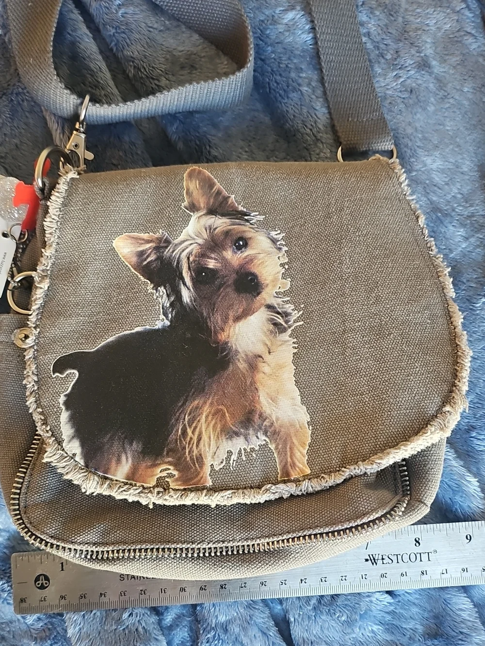 FuzzyNation Gray Canvas Crossbody Pet Bag with Yorkshire Terrier Print